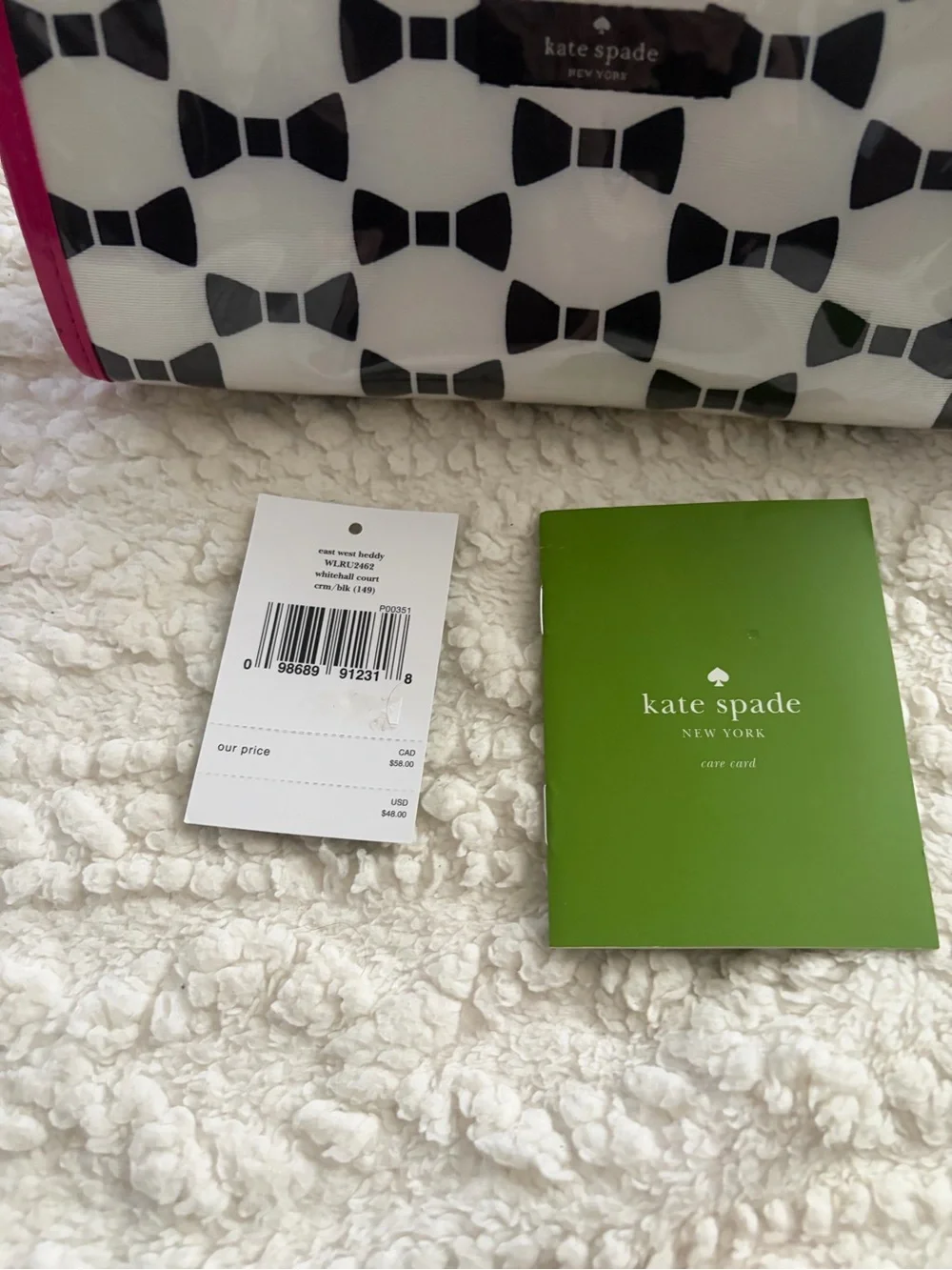 kate spade Black Bow Print Cosmetic Pouch with Hot Pink Trim